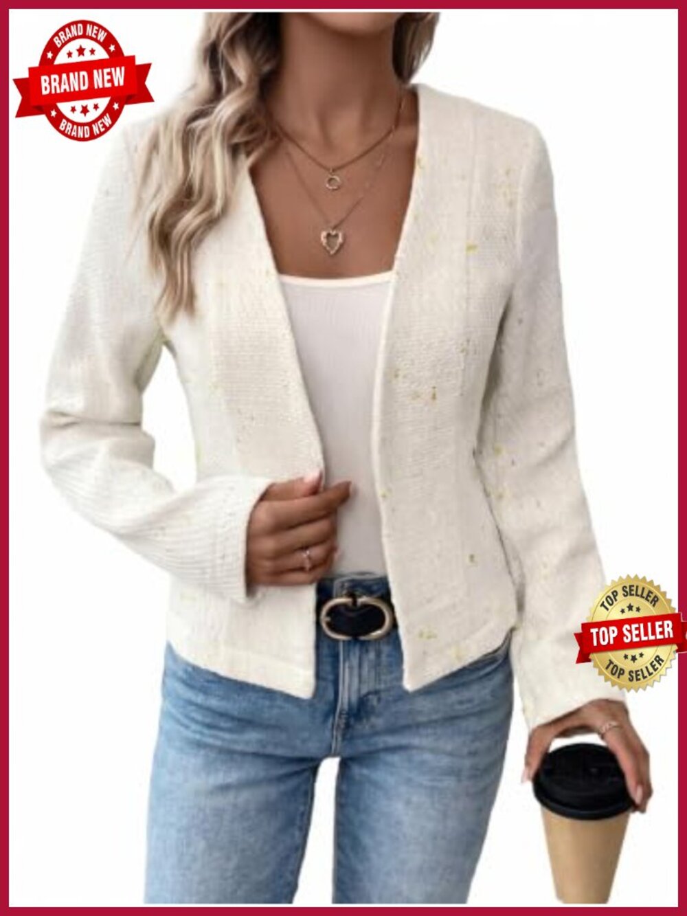Cropped Tweed Blazer Collarless Open Front Slim Fit Work Jacket